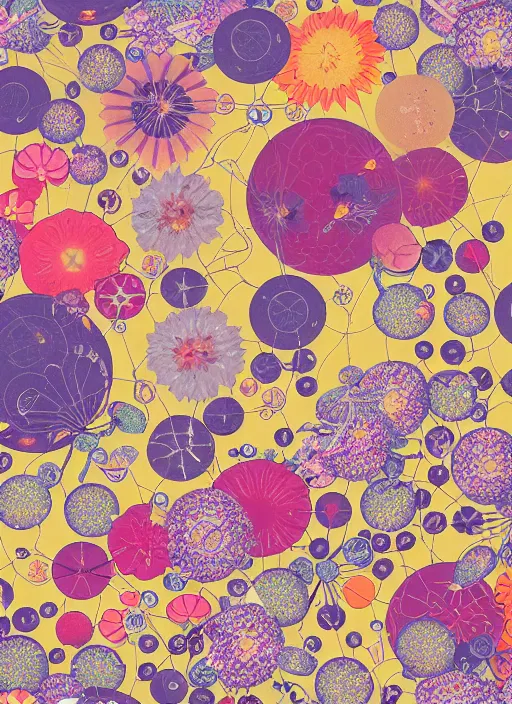 Prompt: multiverse of flowers, garden flowers pattern!!!, berries!!, dragonflies | illustrated by satoshi kon and greg rutkowski, 7 0's vintage sci - fi design