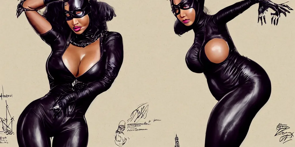 Image similar to portrait of nicki minaj as catwoman, character sheet, concept design, contrast, hot toys, kim jung gi, greg rutkowski, zabrocki, karlkka, jayison devadas, trending on artstation, 8 k, ultra wide angle, pincushion lens effect