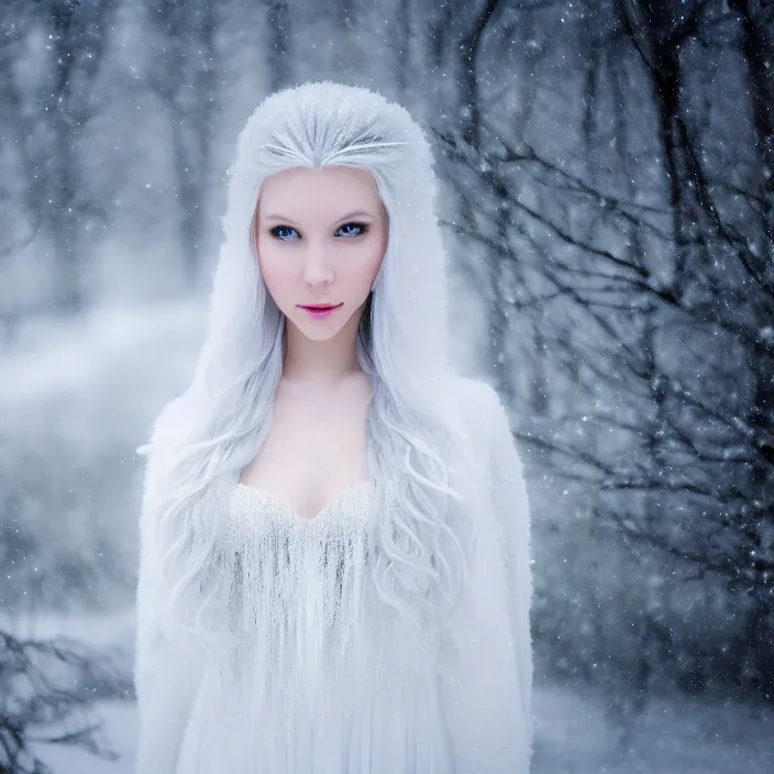 Prompt: photograph of a real-life beautiful ice queen with intricate white dress in an ethereal snowy landscape. Extremely detailed. 8k