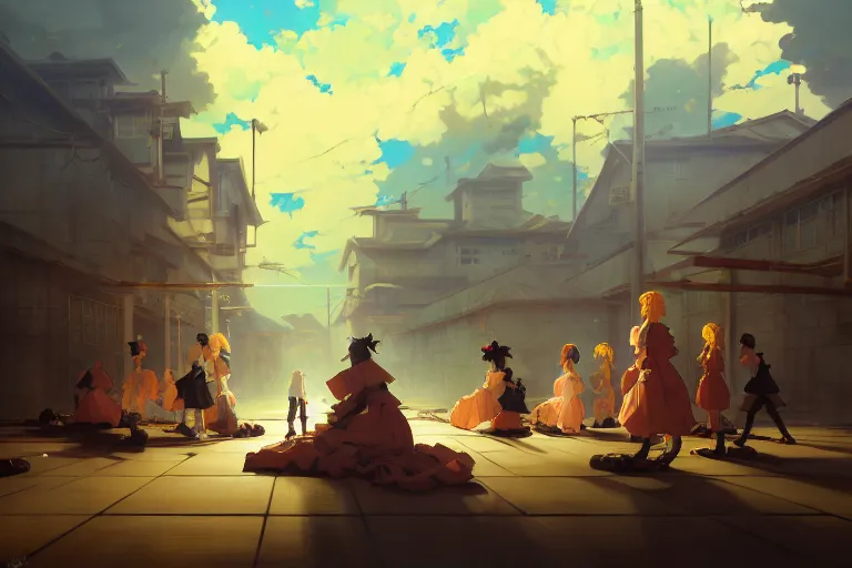 Image similar to baroque oil painting of key visual concept art of anime maids chaining captured pows to trucks, brutalist, dark fantasy, rule of thirds golden ratio, fake detail, trending pixiv fanbox, acrylic palette knife, style of makoto shinkai studio ghibli genshin impact james gilleard greg rutkowski chiho aoshima