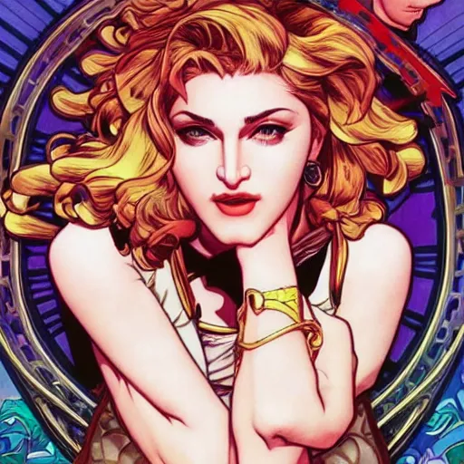 Prompt: madonna perfect coloring, low saturation, epic composition, masterpiece, bold complimentary colors. stunning masterfully illustrated by artgerm, range murata, alphonse mucha, katsuhiro otomo