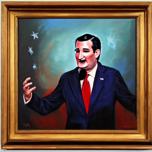 Prompt: an oil on canvas portrait painting of ted cruz giving a speech at the republican convention, surrealism, surrealist, cosmic horror, high detail