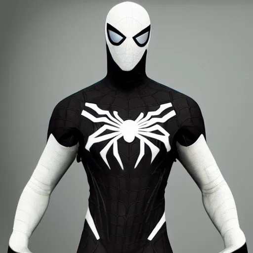 Image similar to black spider - man suit with white web lining, cinematic, volumetric lighting, realistic, hyperdetailed, photorealistic, photograph