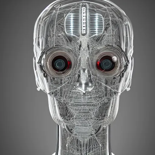 Image similar to very detailed portrait 55mm photo of a mechanical head without skin, with crystal bones and optic fiber nerves, gears in his head and cybernetic enhancements no plating. Packed with cybernetics. Has cameras for eyes. In the forest with bokeh. Ray tracing and tessellation. Very sharp high detailed 8k image