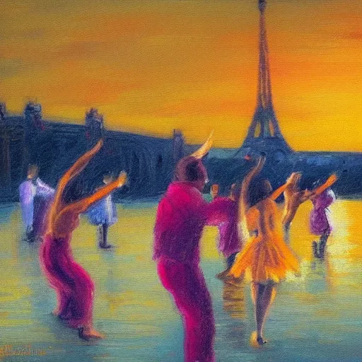 Image similar to impressionist painting of salsa dancers near the seine at sunset