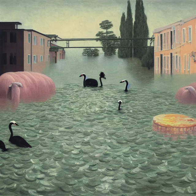 Image similar to painting of flood waters inside an apartment, emo catgirl art student, a river flooding inside, taps with running water, tangelos, zen, pigs, ikebana, water, river, rapids, waterfall, black swans, canoe, pomegranate, berries dripping, acrylic on canvas, surrealist, by magritte and monet