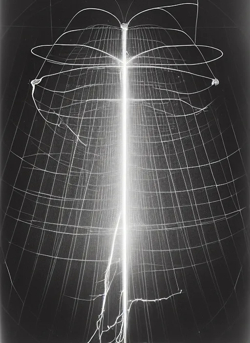 Prompt: realistic scientific documentary photo of a bird fields glowing in tesla electricity visible magnetic field, front view 1 9 9 0, life magazine reportage photo, metropolitan museum photo