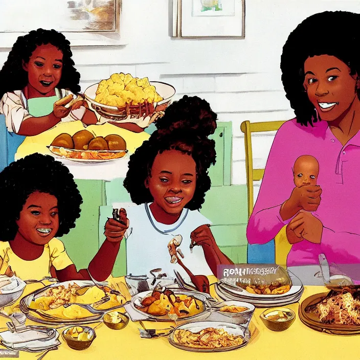 Image similar to African American family in 1979 with two daughters and a son eating chicken, mash potatoes, and rolls for dinner. Cartoon version