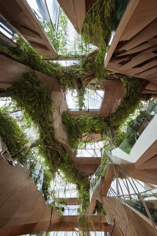 Prompt: urban atriums hyperdetailed hyperrealistic tree house, roots growing from bottom to ceiling, wooden modern decoration