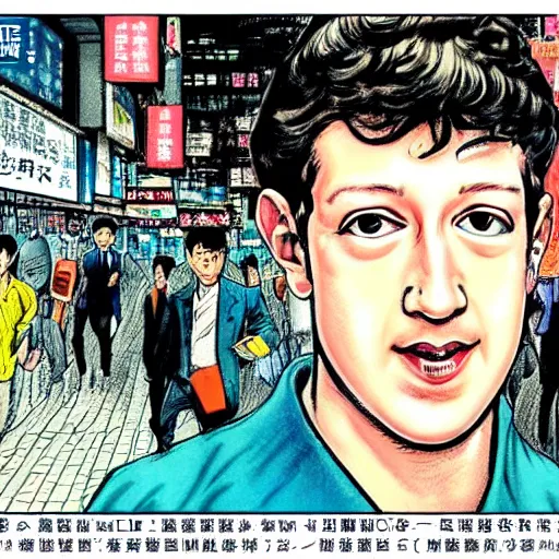 Prompt: glossy old advertising poster, mark zuckerberg walking through crowded hong kong street, vendors, drawn comic by junji ito, pastels, gradient