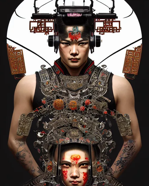 Image similar to portrait of a masculine male cyberpunk machine, machine face, upper half portrait, decorated with chinese opera motifs, asian, fine china, wuxia, traditional chinese art, intricate, elegant, highly detailed, symmetry, headpiece, digital painting, artstation concept art smooth sharp focus, illustration, art by artgerm and greg rutkowski alphonse mucha 8 k