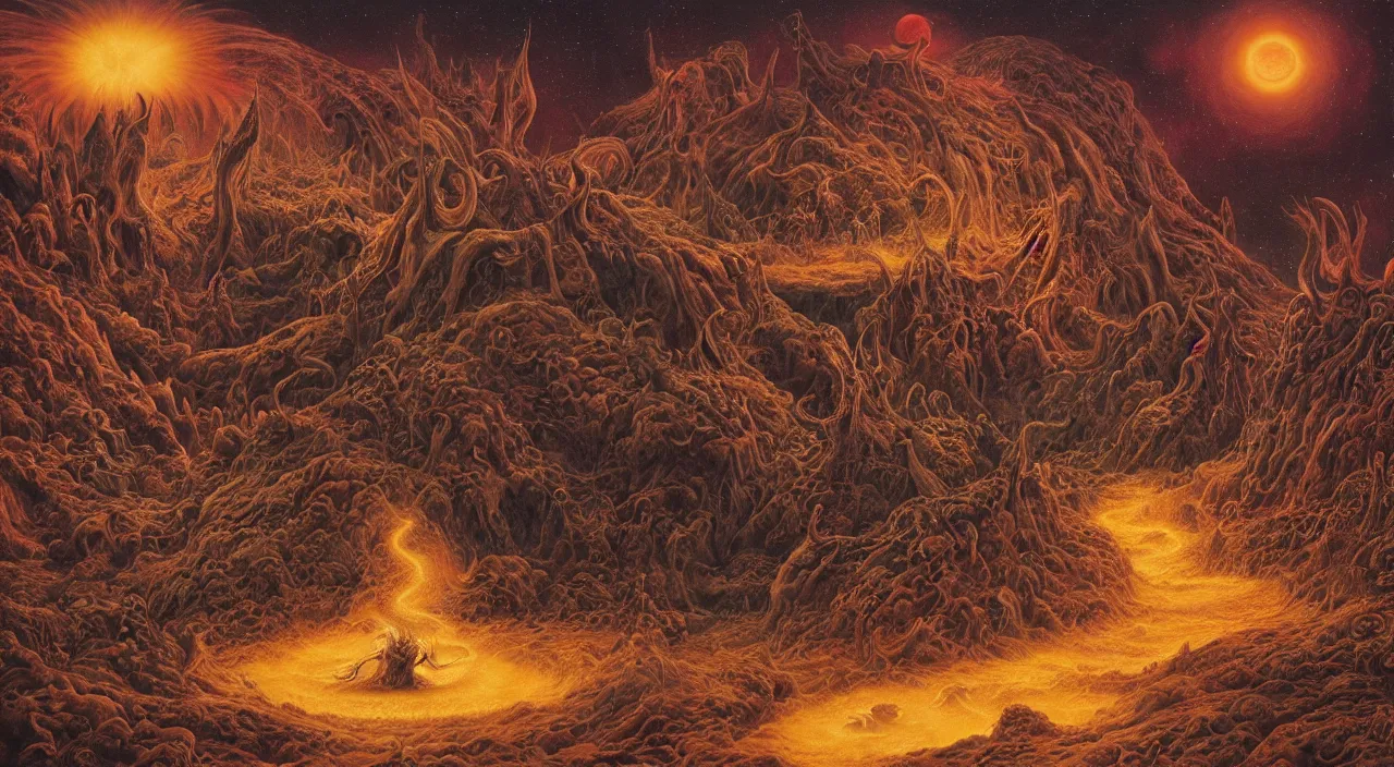 Prompt: a beautiful detailed portrait of satan with long horns and fiery vortex eyes in the foreground, in a vast cosmic hellscape by roger dean, by laurie lipton, detailed, realistic shadows, volumetric lighting, mythical, rendered in redshift, matte painting