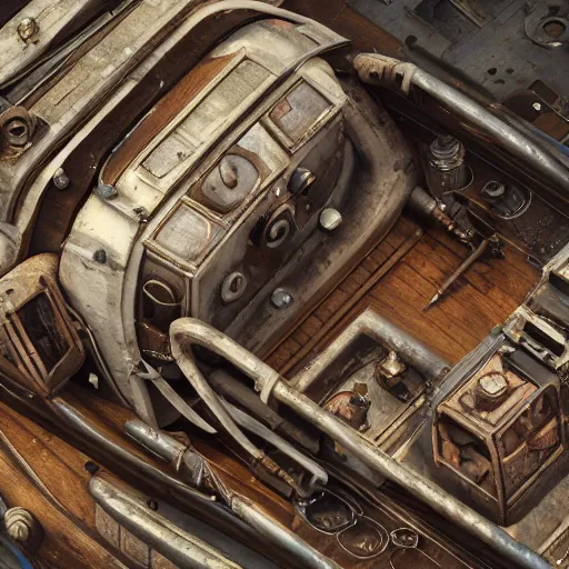 Image similar to top down view of a texture, messy motor room boat, ancient mecanism, steampunk, substance painter material, artstation, octane render, vray, 4 k