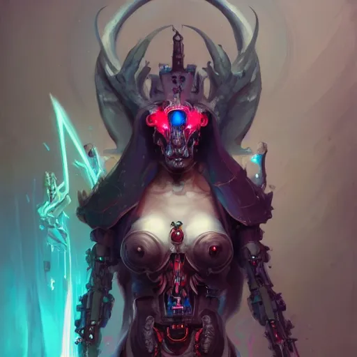 Image similar to a portrait of a beautiful demonic cybernetic grand duchess of hell, cyberpunk concept art by pete mohrbacher and wlop and artgerm and josan gonzales, digital art, highly detailed, intricate, sci-fi, sharp focus, Trending on Artstation HQ, deviantart, unreal engine 5, 4K UHD image