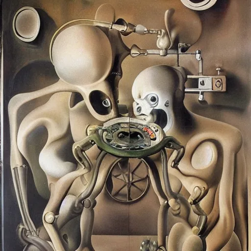 Image similar to Oil painting by Dali. Two mechanical gods with animal faces having a conversation. Oil painting by Hans Bellmer.