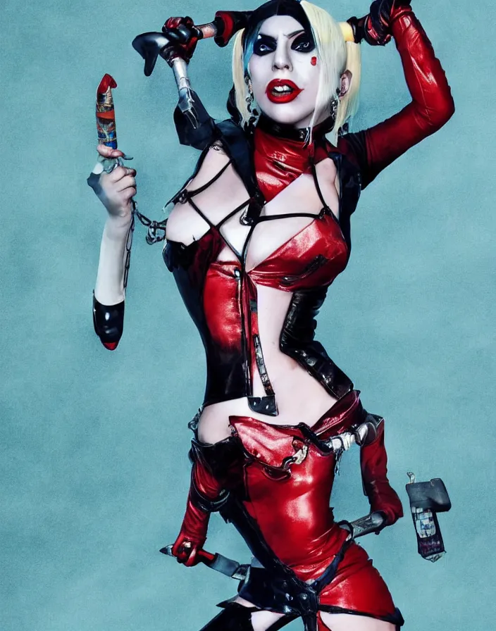 Image similar to lady gaga as harley quinn, insane details, thicc body, skintight outfit, movie poster