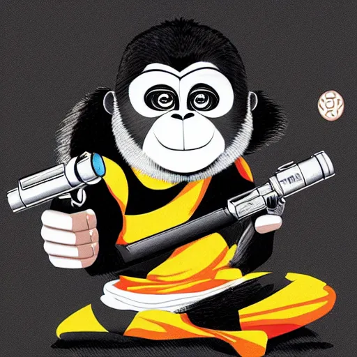 Image similar to “ portrait of a monkey in the style of kung fu panda holding laser gun, with a black background, digital art, award winning, trending on art station, retro style ”