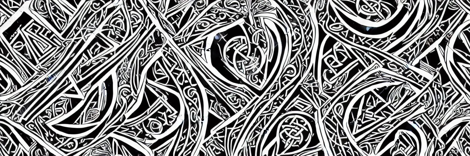 Prompt: intricate design pattern for biker symbols and runes tattoos, white lines on black background