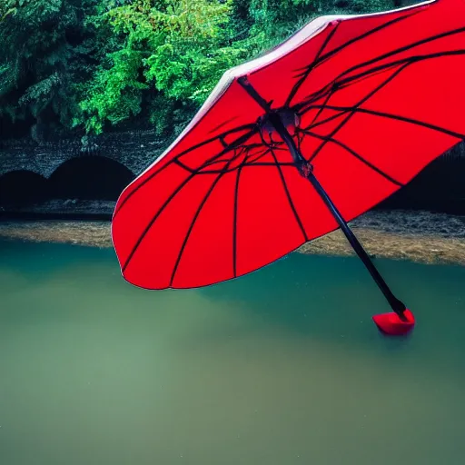 Prompt: in background arched bridge over river, red umbrella floats in water in foreground, hyper detailed, national geographic photo