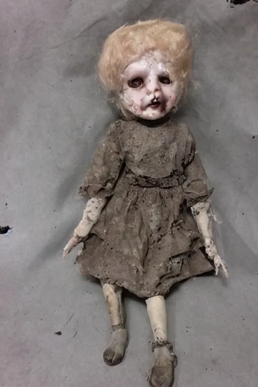 Image similar to creepy dirty cracked vintage doll in darkly lit dusty basement cobwebs blair witch style photo