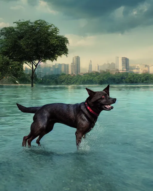 Image similar to dog swimming in the river, hyper realism, cinematic, volumetric lighting, dramatic ambient lighting, epic composition, high detail, octane render, unreal engine, 8 k, professional photo, photorealistic, intricate complexity, extremely detailed,