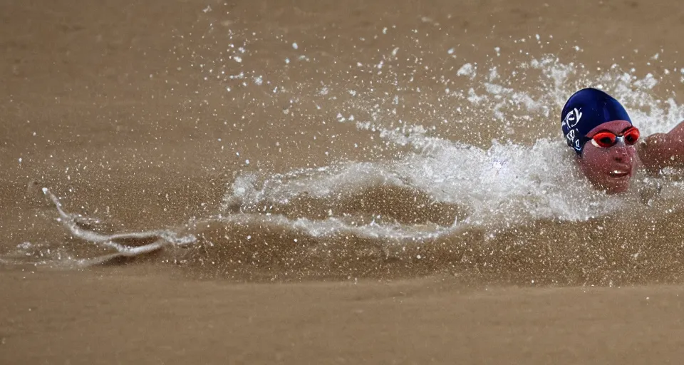 Image similar to olympic swimming in sand instead of water, extremely coherent, motion blur