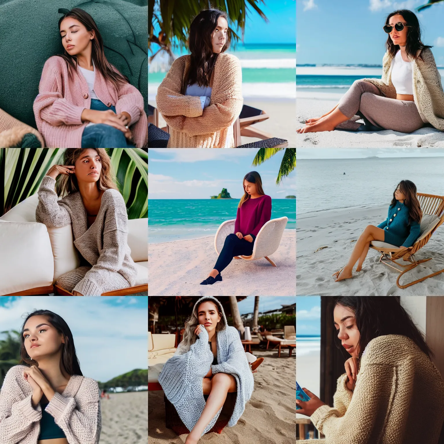 Prompt: a young woman, instagram influencer, wearing a thick knit sweater and cardigan, she is shivering cold with her arms crossed across her chest, in a lounge chair on a tropical beach in summer, midday, sunny, natural lighting, not having fun, 2019 trending photo, 4k, 8k, 85mm lens