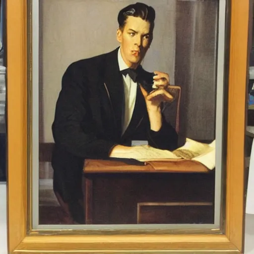 Prompt: man in desk with coffee and black suit by leyendecker and dean cornwell, 8 feet from the camera, 6 0 ´ s bauhaus furniture