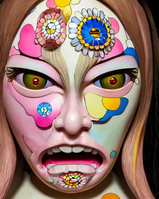 Image similar to a beautiful girl, by takashi murakami, intricate sculpture, hyper realistic, extremely detailed and beautiful aesthetic face, 8 k resolution