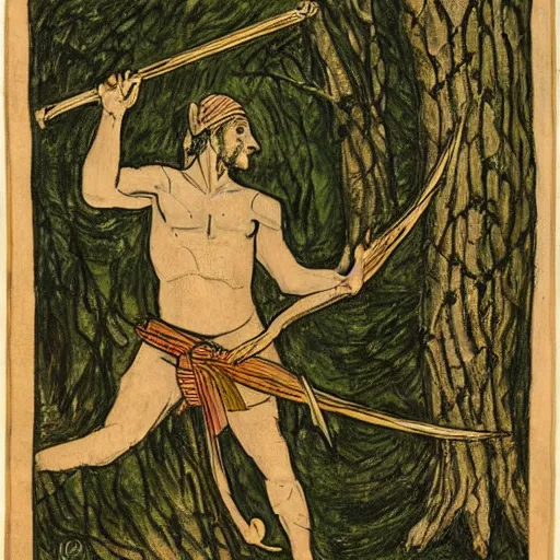 Prompt: a ancient hunter creeping through woods filled with large trees and vines, holding a bow and arrow, wearing animal skin clothing, in the style of guy denning