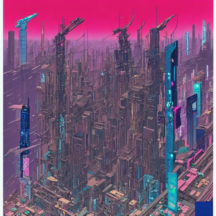 Image similar to ( ( ( ( cyberpunk city ) ) ) ) by mœbius!!!!!!!!!!!!!!!!!!!!!!!!!!!, overdetailed art, colorful, artistic record jacket design