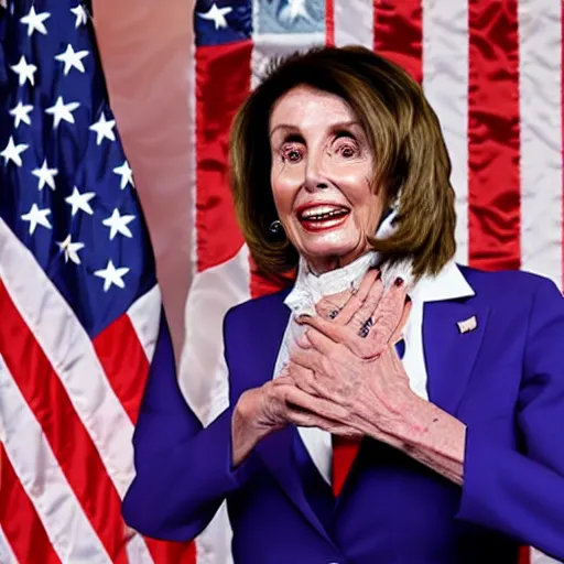 Prompt: Nancy Pelosi wrestling her podium away from a rioter