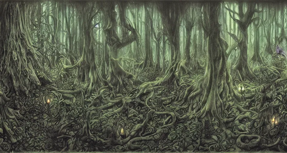 Prompt: A dense and dark enchanted forest with a swamp, by Brian Froud