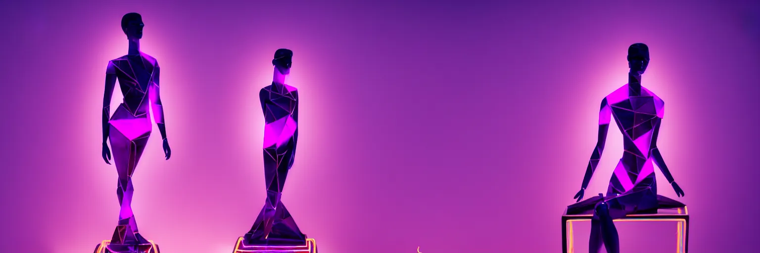 Image similar to beautiful mannequin sculpted out of amethyst by billelis + lit with geometric neon + kintsugi, facing a doorway opening with neon pink geometric light + gold geometric cubed bonsai trees, clean linework, dramatic, finely detailed, rule of thirds, moody, award winning, 4 k, trending on artstation, photorealistic, volumetric lighting, octane render