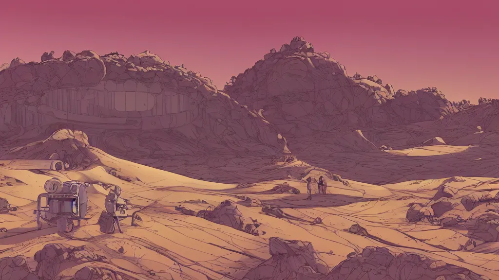 Image similar to very detailed, prophet graphic novel, ilya kuvshinov, mcbess, rutkowski, simon roy, illustration of a plateau with a large bunker door built into the side on a desert planet, wide shot, colorful, deep shadows, astrophotography