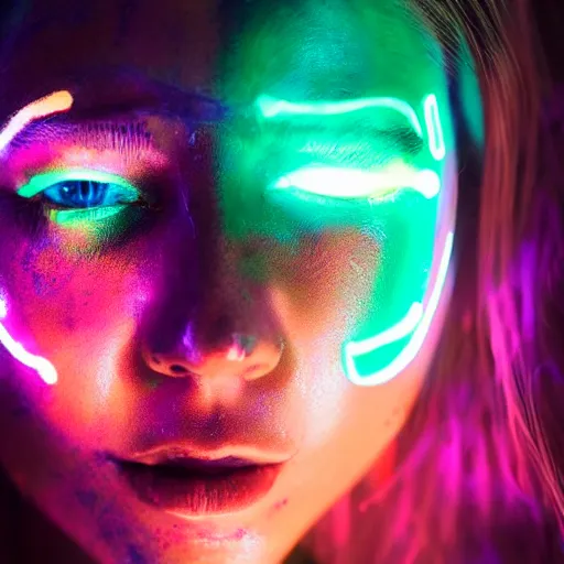 Image similar to a beautiful portrait illustration of a woman with glowing neon face paint on her face, cyberpunk art by Liam Wong and Ross Tran, featured on pexels, afrofuturism