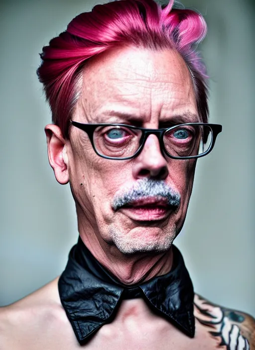 Prompt: portrait of a Steve Buscemi cyberpunk pink hairstyle serious facial expression hipster glasses by Mario Testino, headshot, detailed, award winning, Sony a7R