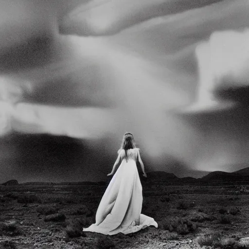 Image similar to 1 9 7 0's artistic spaghetti western movie, a woman in a giant billowy wide flowing waving dress made out of white smoke, standing inside a dark western rocky scenic landscape, volumetric lighting, backlit, moody, atmospheric