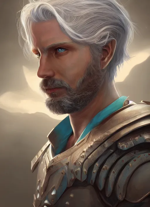 Image similar to an epic fantastic realism comic book style portrait painting of an aasimar paladin, male, silver hair, short brown beard, d & d concept art, unreal 5, daz, teal aesthetic, octane render, cosplay, rpg portrait, dynamic lighting