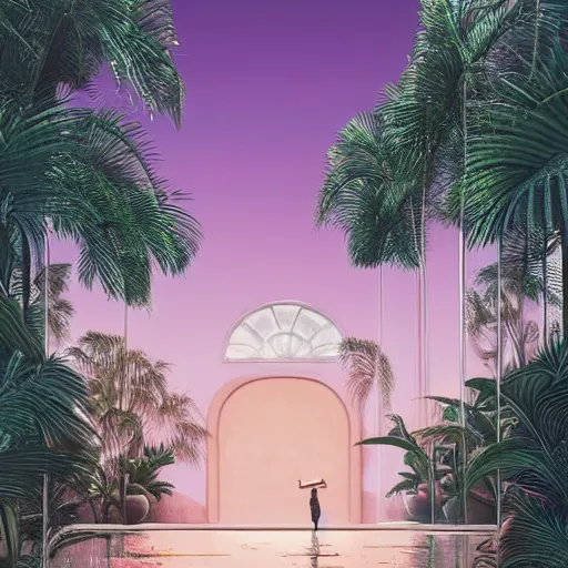 Image similar to indoor space, golden light, greg rutkowski, palm trees, pink door, minimalistic, hyperrealistic surrealism, award winning masterpiece with incredible details, epic stunning, infinity pool mirrors, a surreal vaporwave miami vice space, highly detailed, trending on artstation, artgerm and greg rutkowski and alphonse mucha, daily deviation