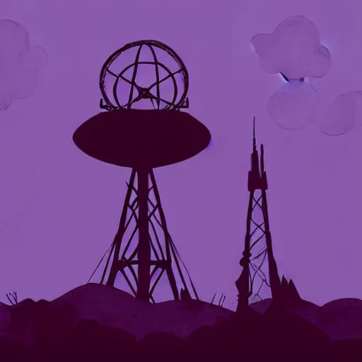 Image similar to abigail larson, don bluth, artgerm, purple color pallete, welcome to night vale, radio tower with black hole above it, helicopter, spooky strange weird quirky, cartoon, 2 d, chiral lighting