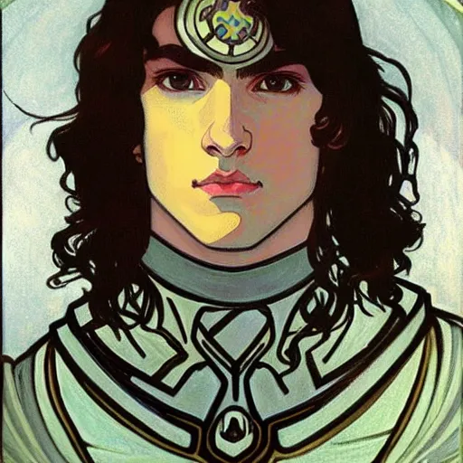 Image similar to painting of young handsome beautiful paladin elf! man with long wavy dark hair in his 2 0 s named shadow taehyung at the blueberry party, wearing armor!, elegant, clear, painting, stylized, delicate, soft facial features, art, art by alphonse mucha, vincent van gogh, egon schiele,