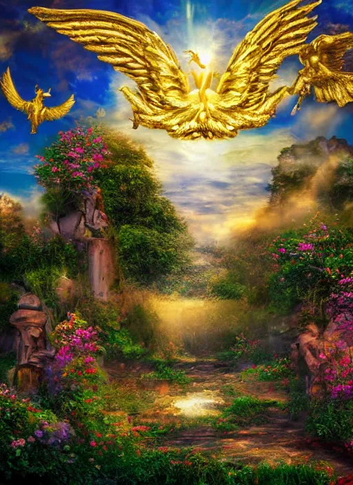 Image similar to Fine Art photo landscape, gates of heaven, golden kingdom, Flying angels, photorealism, 8k