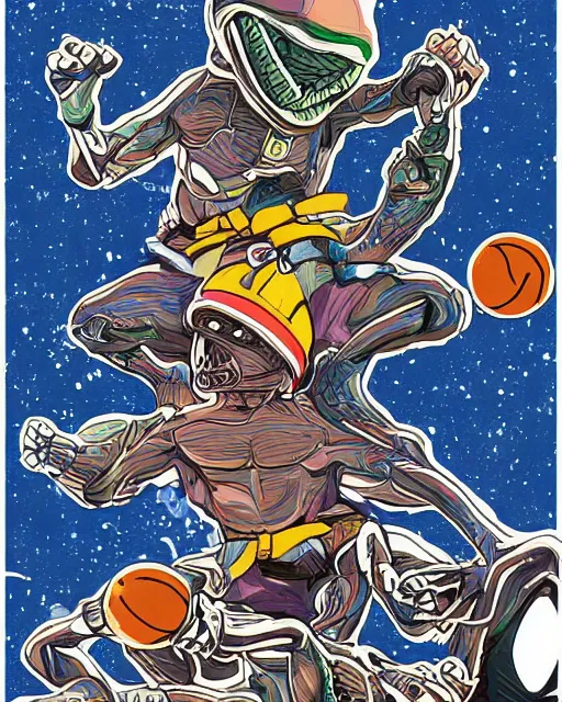 Prompt: digital illustration of a aliens doing mixed martial arts and basketball, mix of styles, collage of styles, highly detailed, abstract, intricate, studio ghibli color scheme