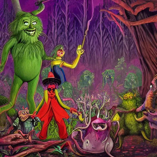 Image similar to a scene of colorful cartoon monsters in the clearing of a dark fantasy forest surrounded by darkness. hyperrealist illustration. muted colors. 1 9 7 0's pulp science fiction and fantasy cartoon for alice in wonderland and wizard of oz. highly detailed and richly colored painting by don ivan punchatz. trending on artstation