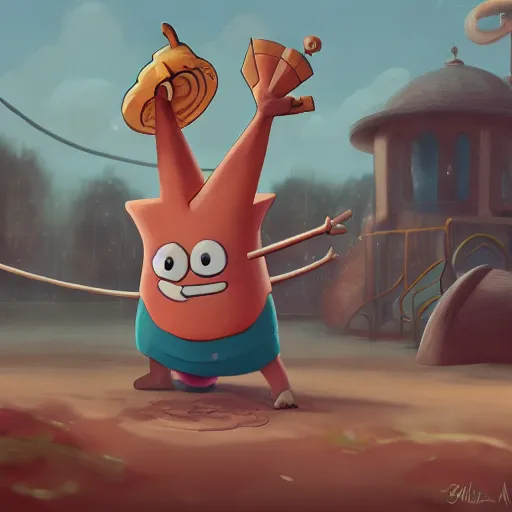 Prompt: patrick star, fighting gary the snail, on the playground, trending on artstation, hiroaki tsutsumi style