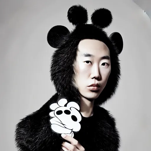 Image similar to a beautiful young japanese male wearing iris van herpen mickey mouse couture, photographed by erwin olaf