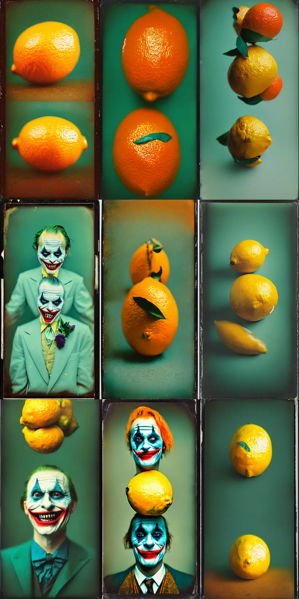 Image similar to kodak portra 4 0 0, wetplate, 8 k, shot of a highly detailed, britt marling style, colour still - life portrait of a lemon looks like 1 9 9 9 joker, teal and orange, muted coloures