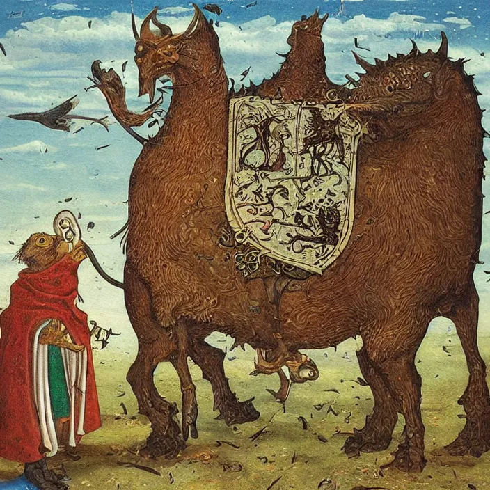 Image similar to a book, medieval illustrated bestiary coming alive. painting by frank sedlacek.