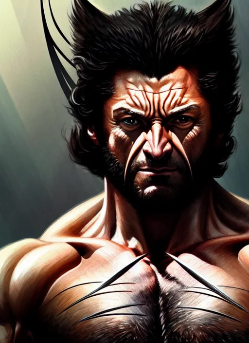 Image similar to Portrait of Wolverine, D&D, muscular, fantasy, intricate, elegant, highly detailed, digital painting, artstation, concept art, smooth, sharp focus, illustration, art by artgerm and greg rutkowski and alphonse mucha